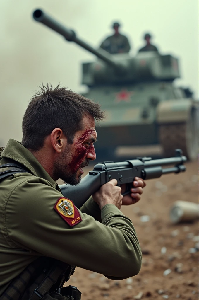 FEAR operative wearing tactical helmet and googles covered in blood, his eyes are afraid.