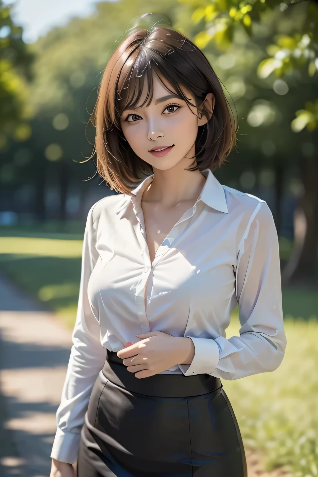 (1 Beauty), beautiful, Great face and eyes, cosmetics, (Extremely delicate beautiful face), (Sexiest Looks), (beautiful big breasts:1.1), (Highest quality:1.4), (Very detailedな), (Very detailed CG synthesis 8k wallpaper), Very detailed, Original photo, Professional photography, ((suit)), (Tight Skirt), (Open collar business shirt), Outdoor, ((Night Forest)), (Night Sky), Written boundary depth