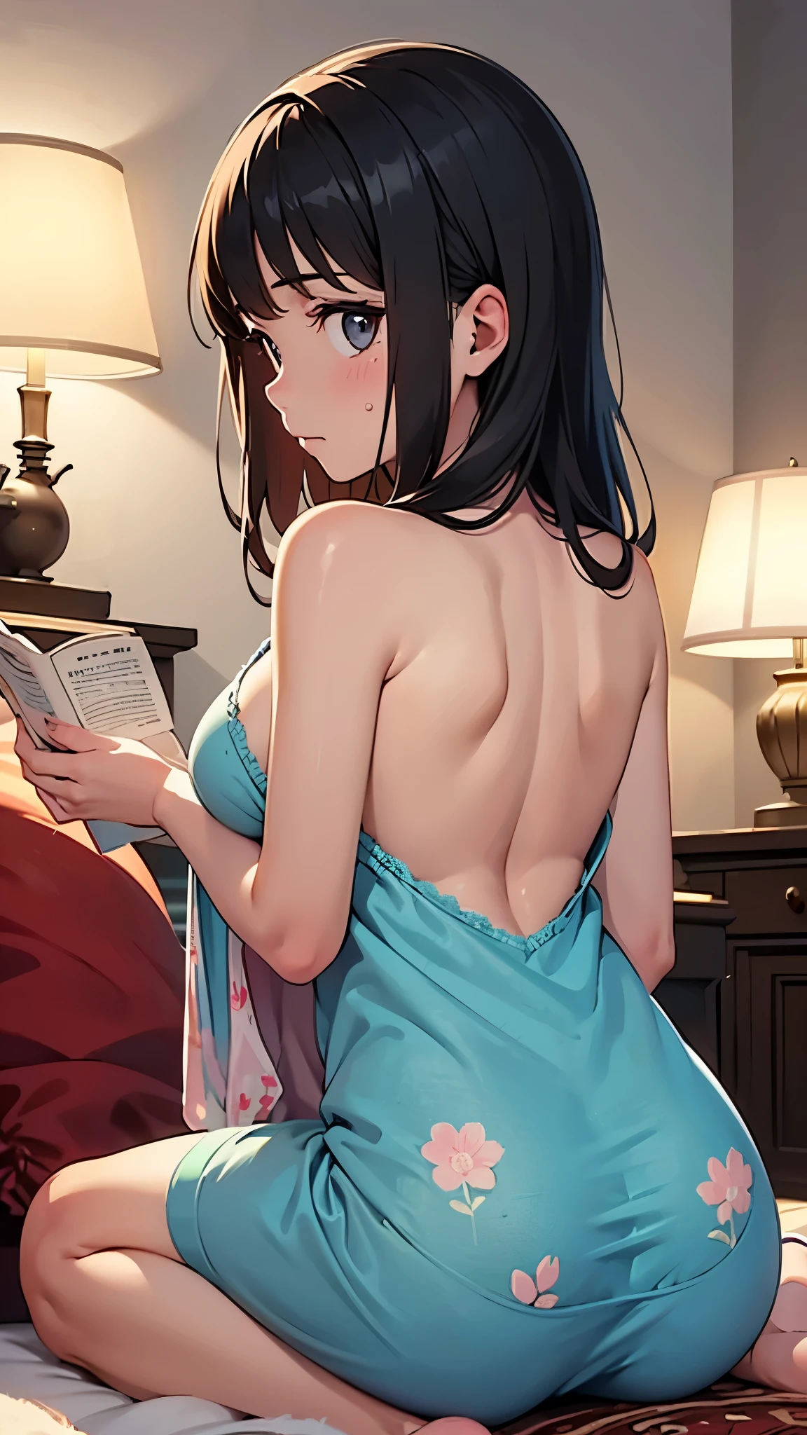 A shy and embarrassed expression、((Back view:1.3)).((Out-of-place clothes、Showing a little bit of underwear)),((Highest quality)), ((masterpiece)), (detailed),One girl, (Large Breasts:1.3).((Baby Face:1.3))
An anime-style girl in a cute, fluffy pajama set with small cartoon animal prints. She is sitting on a plush carpet in a cozy living room, surrounded by pillows, with a book in hand. The room is softly lit by a nearby lamp, and she glances up with a surprised, innocent expression as if someone just entered the room."