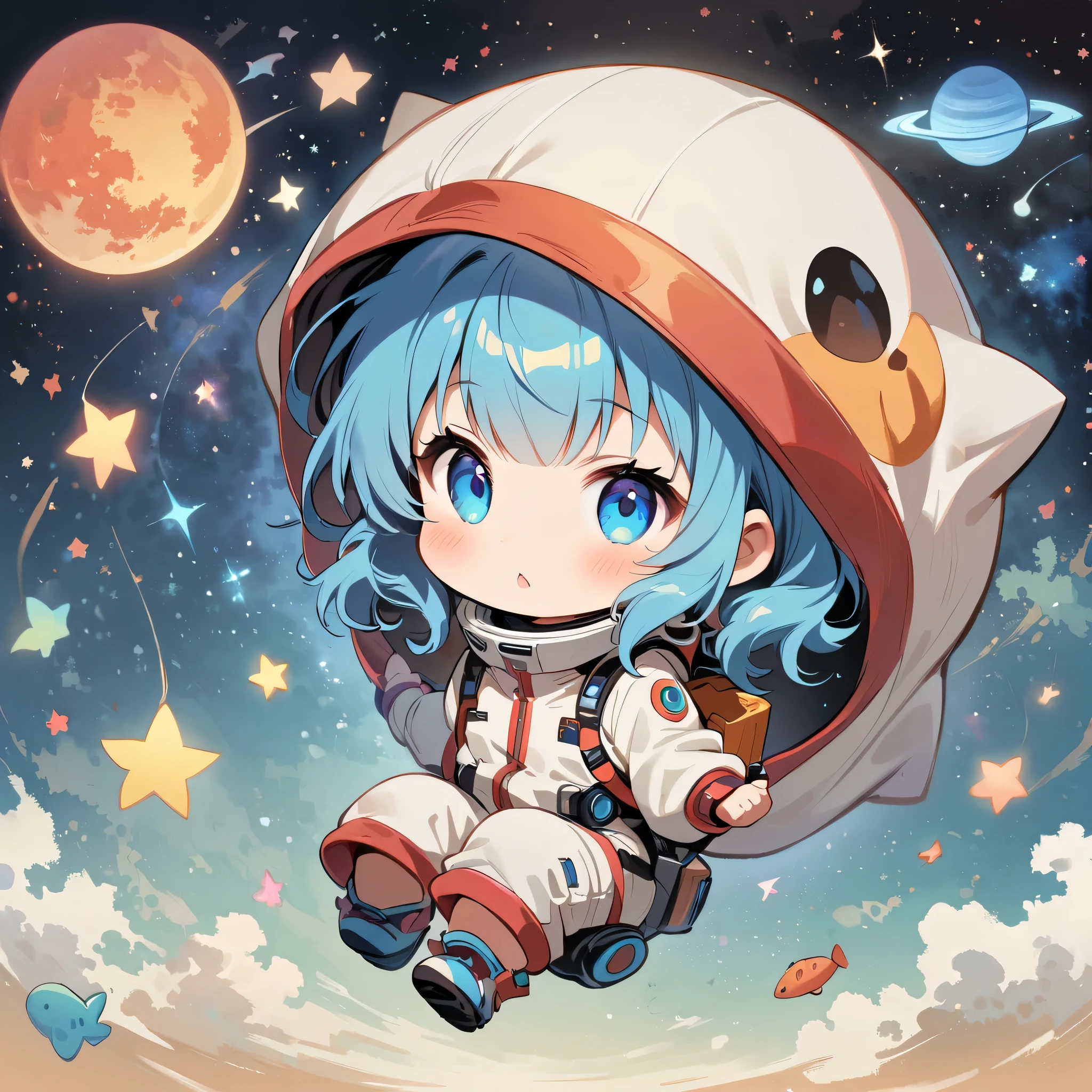 Momoko Sakura colorful style, (((The most beautiful girl of all time))), (((chibi)), Girl sit in spacesuit floating in space,blue hair, surrounded by the Milky Way, the universe , cutely. Eat some snacks and meet an alien