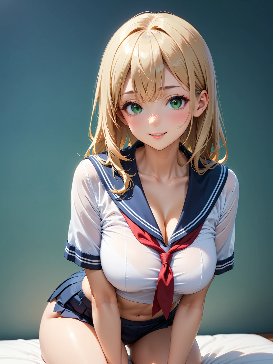 1 lady, HD quality, anime, solo full body shot, (sitting with hands back:1.3), (open legs to limit:1.5), (with one knee up:1.3), showing  pubic area:, (under boob:1.6), Large breasts, (cleavage), shiny skin, smiling, (thin thighs:1.3), (Sailor uniform only for the upper body:1.5), (Crop Top sheer  white shirt:1.5), (sleeveless:1.6), without brassiere, (sheer white tiny micro thong:1.5), poolside, (Green detailed eyes), blue sailor collar, red ribbon tie