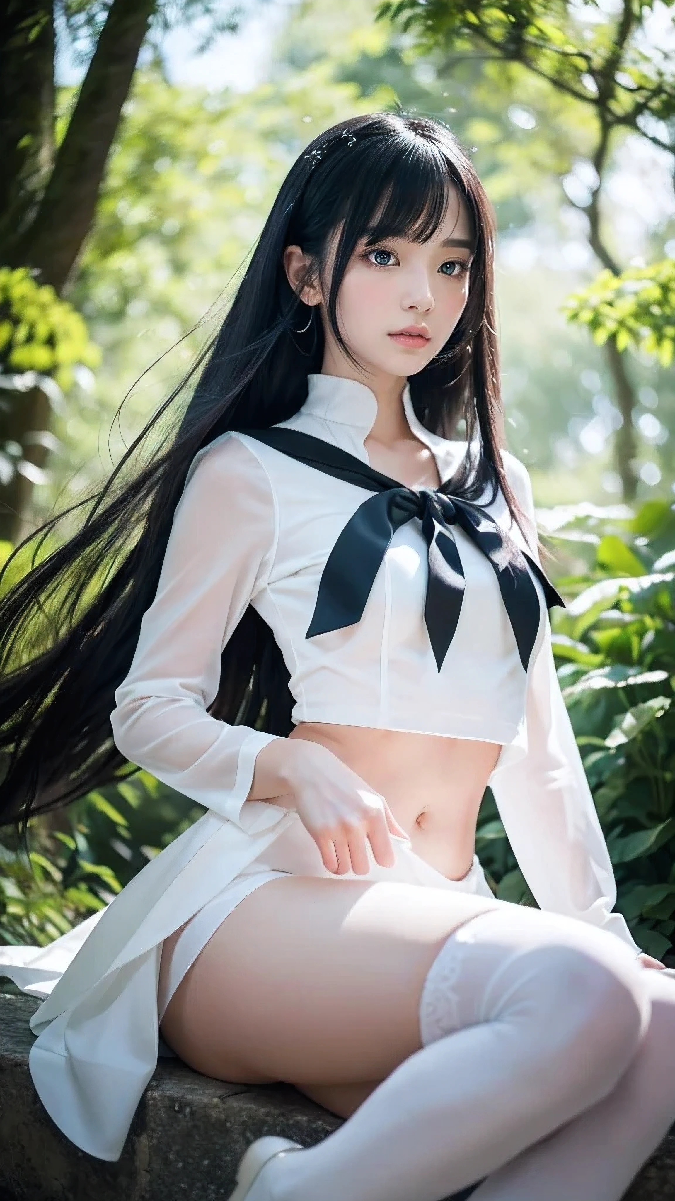 anime girl 8k cg surreal, picturesque face, flawless, clean, masterpiece, professional artwork, famous artwork, perfect face, beautiful face, eyes beautiful, ((perfect female body)), solo, seductive expression, extremely detailed_eyes, beautiful detailed background, depth of field, , short skirt, stockings, standing, hair long, twintails, black hair,