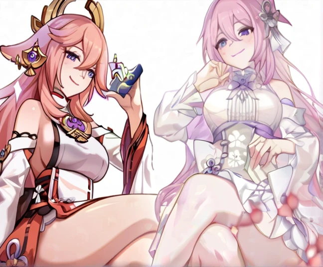 2girls, Dorothy(NIKKE), Yae Miko(Genshin Impact), high quality, masterpiece, legs crossed, sitting, smiling 