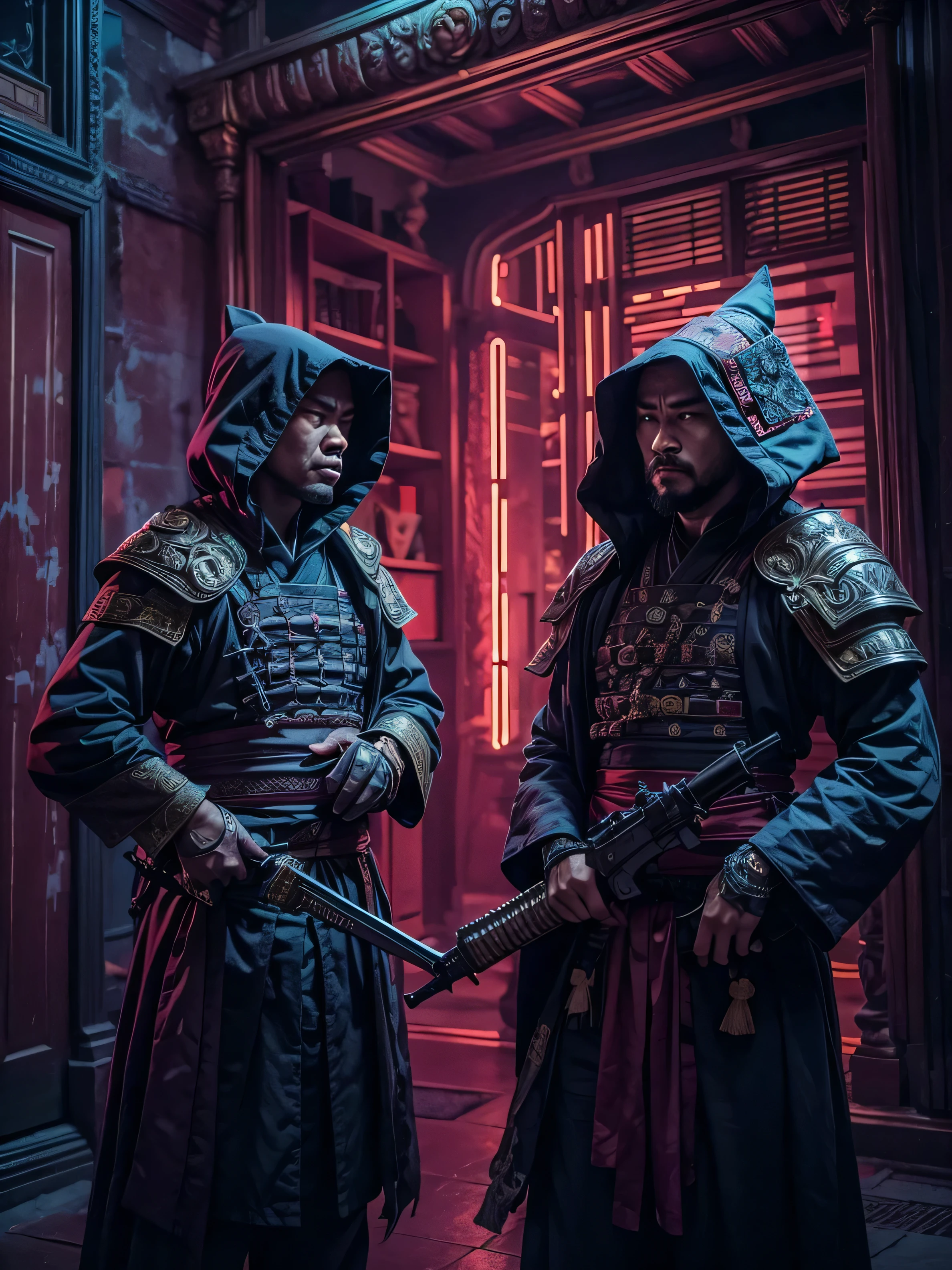 (((Masterpiece))),Best Quality,realistic perspective, High-resolution photograph,realistic details,sharp focus Two Chinese guards, dressed as futuristic samurai assassins with flowing capes, hood over the head and advanced weaponry, stand guard at a secret doorway in a shadowy, mysterious location. The scene is set in a cyberpunk future with glowing neon lights and dark tones. The ambiance is tense and enigmatic, filled with the sense of hidden danger. The environment combines advanced technology and ancient traditions, with the guards embodying this duality as they guard the unknown behind the secret door.Depth of field, (extremely intricate:1.3),4k, 8k