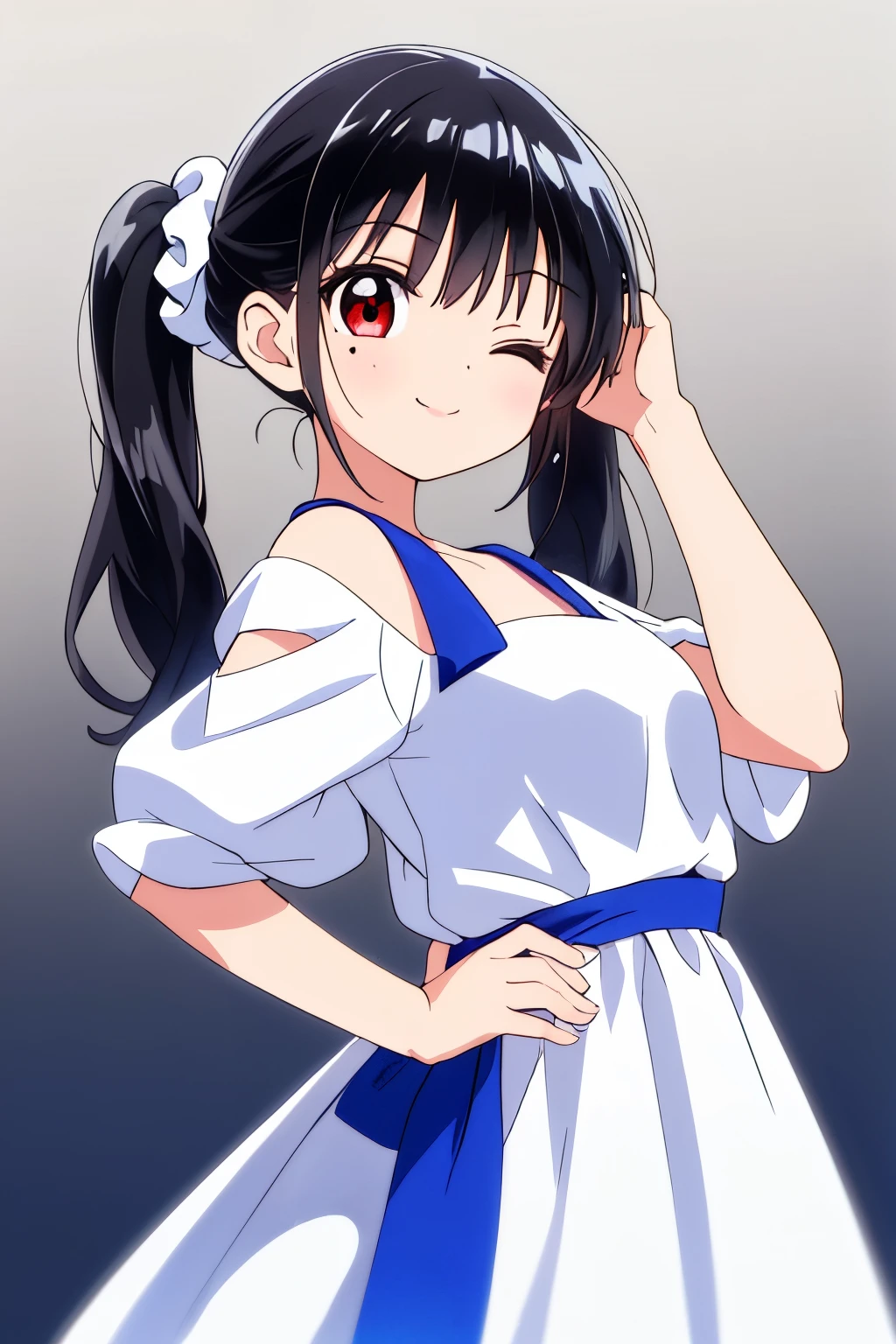 A girl wearing a onely white long summer dress,
(Shiny jet-black hair:1.3),Low twintails tied with a white Scrunchie,
(White dress:1.3),
(Puff out your cheeks:1.2),
Red eyes,(Slanted Eyes:1.1),
(Wink with right eye closed:1.2),
(He has a large mole under his left eye..:0.9),
Proud face,A smile on the lips,
Raise your left arm high,
Place your left hand behind your head、Place your right hand on your hip,
(:1.1),
(medium breasts:1.1),
Dark simple gradient background,Spotlight from above,
angle from below,
whole body,
Highest quality,Very detailed,Sharp focus,masterpiece, Vibrant colors,Natural Expression,