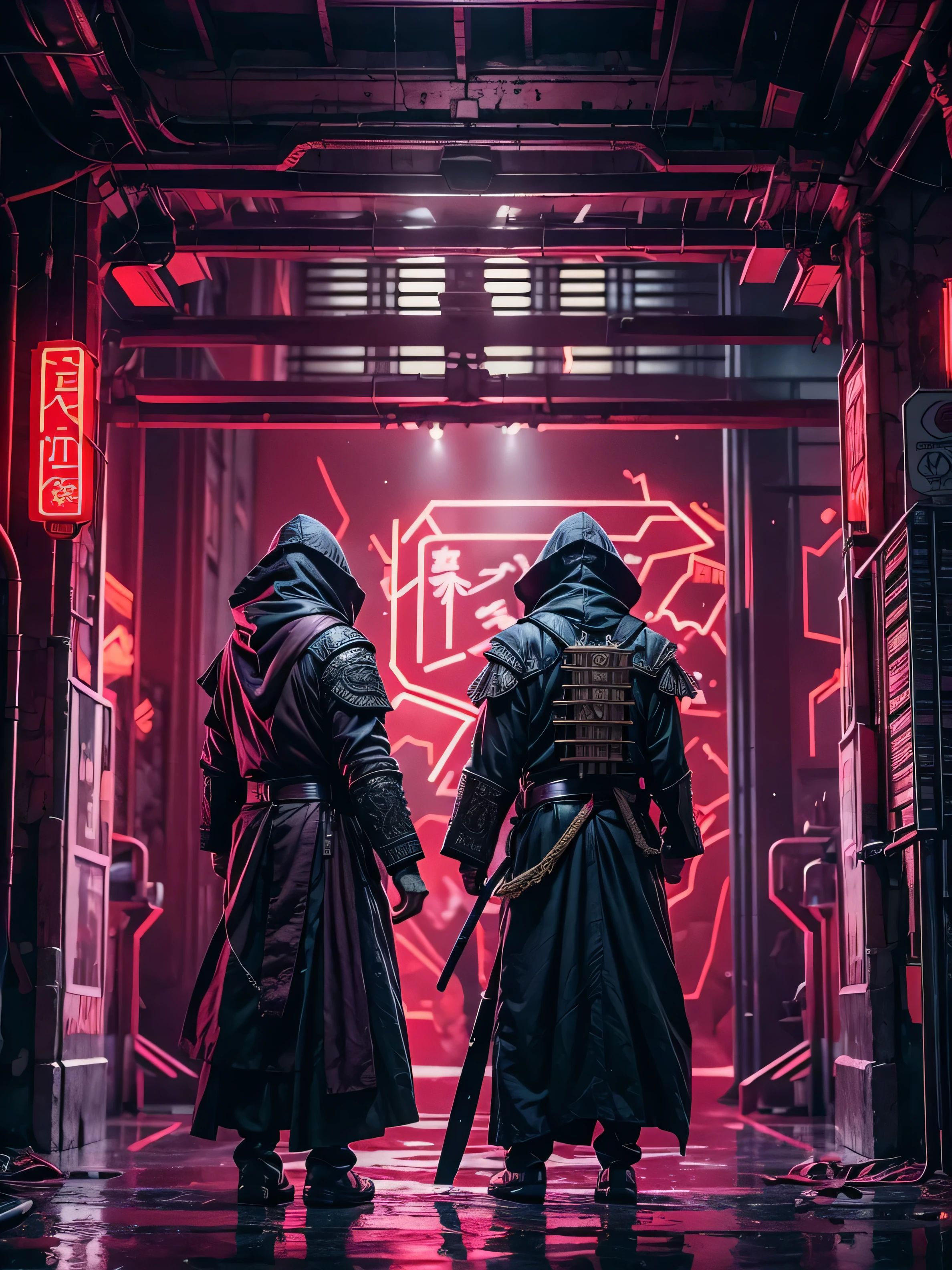 (((Masterpiece))),Best Quality,realistic perspective, High-resolution photograph,realistic details,sharp focus Two Chinese guards, dressed as futuristic samurai assassins with flowing capes, hood over the head and advanced weaponry, stand guard at a secret doorway in a shadowy, mysterious location. The scene is set in a cyberpunk future with glowing neon lights and dark tones. The ambiance is tense and enigmatic, filled with the sense of hidden danger. The environment combines advanced technology and ancient traditions, with the guards embodying this duality as they guard the unknown behind the secret door.Depth of field, (extremely intricate:1.3),4k, 8k