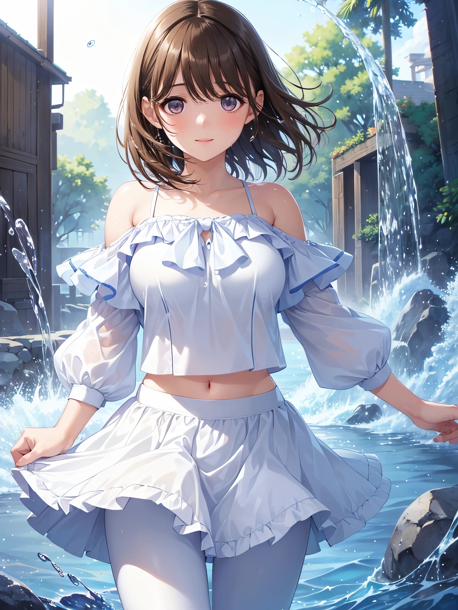 20yr old。Idol、small ，Smaller chest、White one-piece skirt、Wet one-piece skirt、 Sheer are visible、Wet、dry river bed、Rock、Waist-deep in water、Brown bob hair、Refreshing breeze、5 head body、A smile、Clear eyes、Sareme、sun burn、stick out your tongue a little