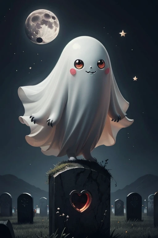 Spooky, Creepy, cute_Ghost, Pokemon (Living things), Ghost, floating, Red eyes, Looks happy, Wicked Smile, outside, Grave, dark, moon, Extremely detailed, masterpiece, 