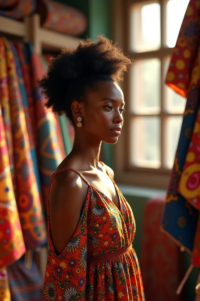 A beautiful Ghanaian lady in her 20s sitting in a fabric shop