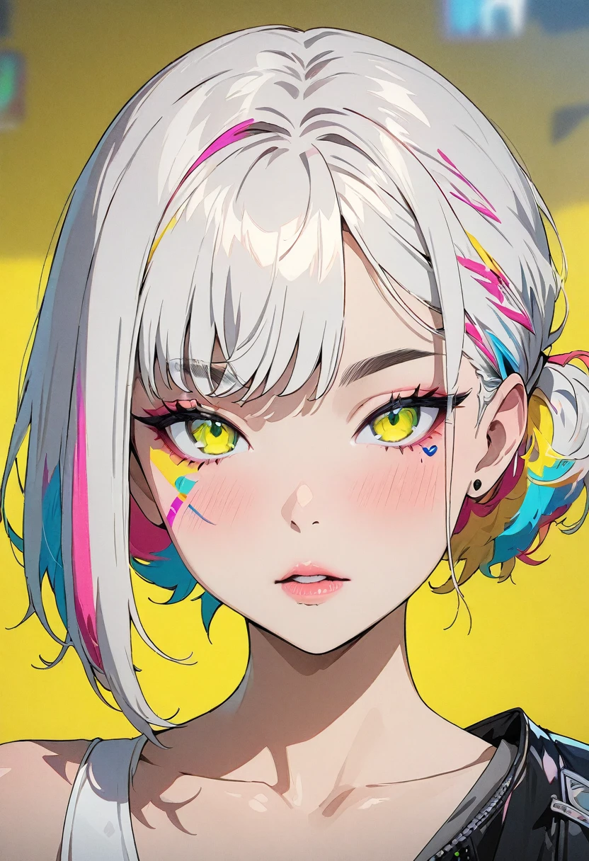 (masterpiece, Highest quality:1.4), 1 girl, alone, Anime Style, colorful students, Blurred vision, Pink lower lip, Cyberpunk Makeup, Asymmetrical silver short hair, Asymmetrical long hairstyles, Long bangs on one side, Color Highlights, Black off-the-shoulder leather jacket, Pure Yellow Background.