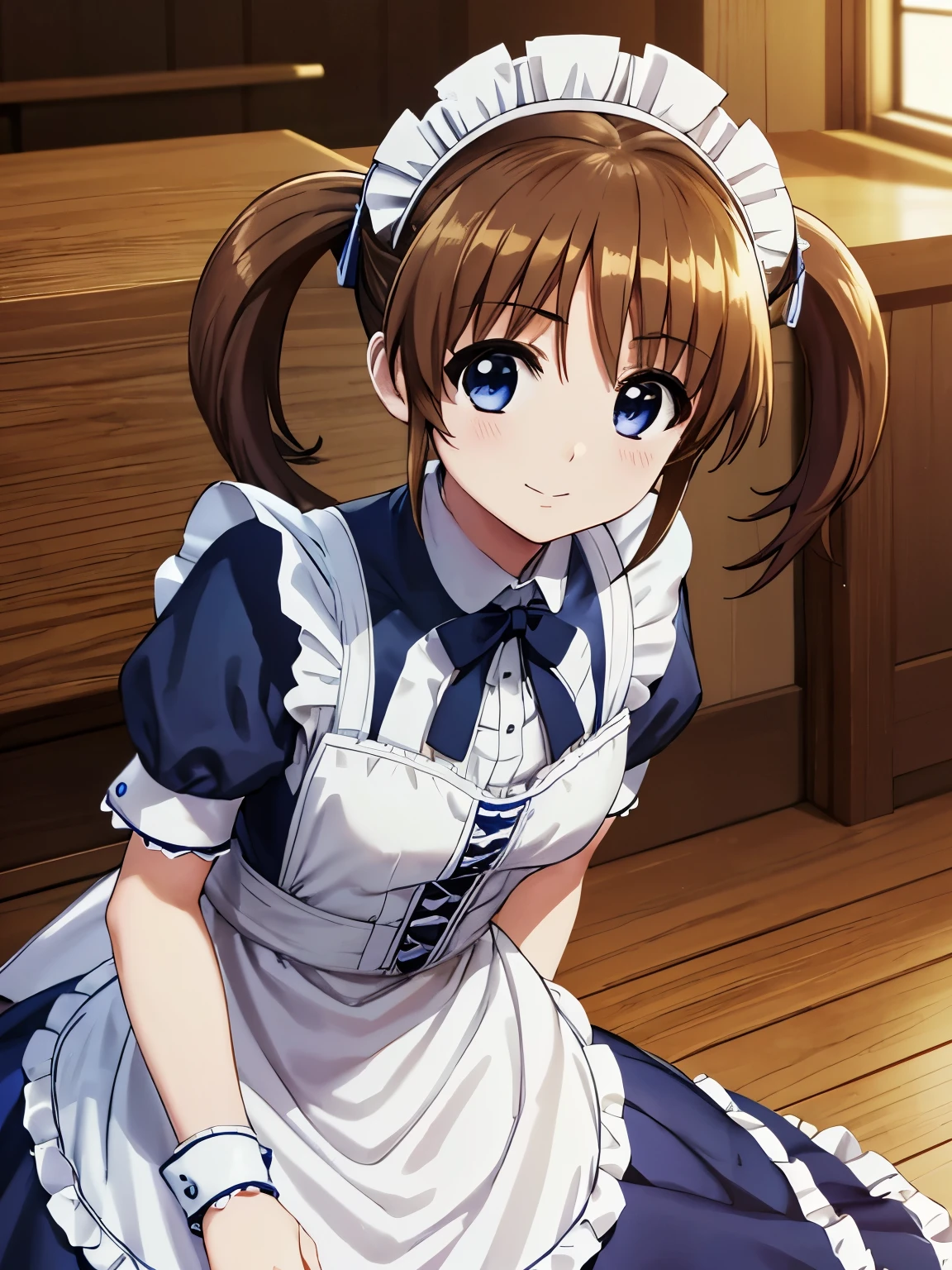 nanohatakamachi, Nanoha Takamachi, takamachi nanoha, Brown Hair, Twin tails, blue eyes, smile、Closed Mouth、Standing、knees、White maid outfit、(victorian maid outfit:1.5)、(masterpiece:1.2), Highest quality, High resolution, unity 8k wallpaper, (figure:0.8), (Beautiful attention to detail:1.6), Highly detailed face, Perfect lighting, Highly detailed CG, (Perfect hands, Perfect Anatomy),