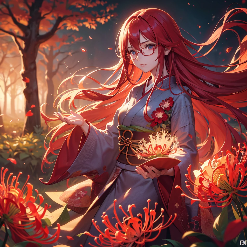 Beautiful glasses wearing girl with long red hair and blue eyes wearing a red kimono standing in a field of red red spider lilies, fox spirit emerging from the twilight, detailed facial features, highly detailed eyes, (Best Quality, 4k, 8k, High Resolution, Masterpiece: 1.2), Ultra Detailed, (Realistic, Photorealistic, Photorealistic: 1.37), Vivid colors, Cinematic lighting, Surreal fantasy, Atmospheric mood