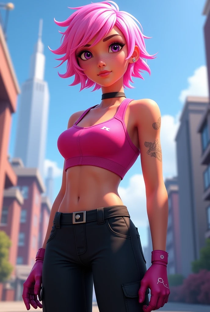 Alix kubdel - Miraculous ladybug with pink, wavy and short hair. She has sport bra and black cargo pants in a roof