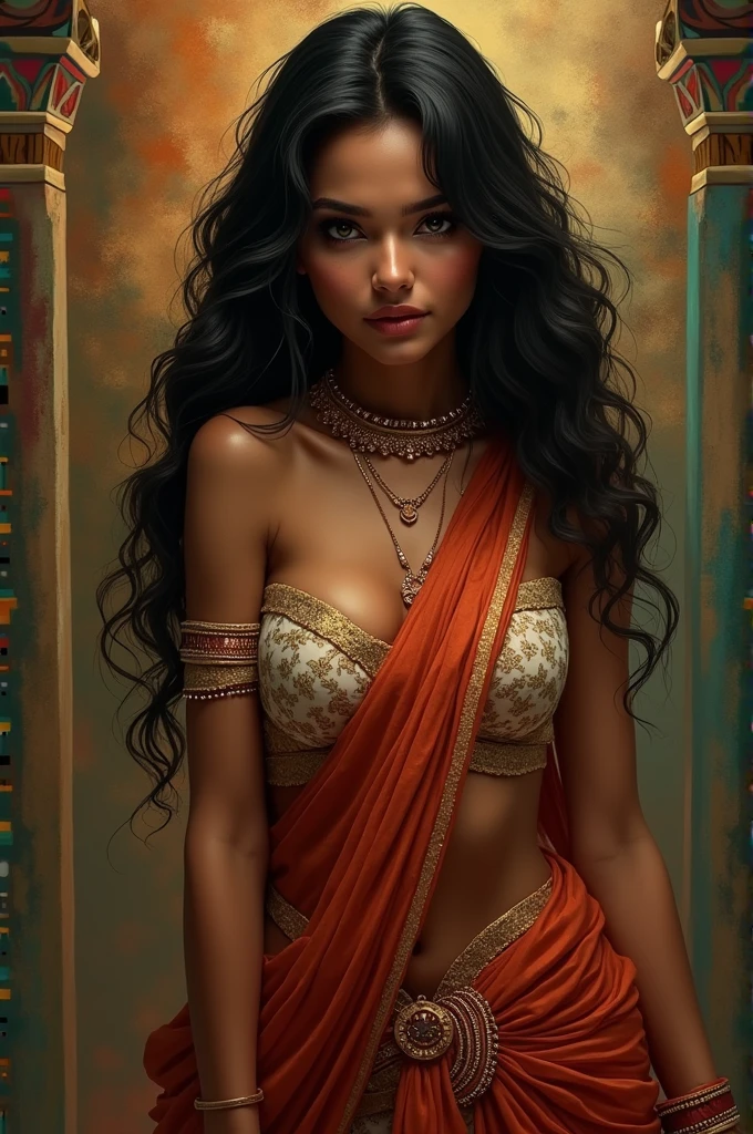 Indian lady with goddess figure in complete nude with strong dark body, killing devil and taking penis