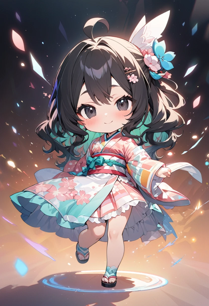 female child, , glad, smiling, looking at viewer, hime cut, ahoge, wavy hair, black hair, black eyes, big eyes, fair skin, chibi, A kimono with white and cherry blossom stripes and a cherry blossom pattern, Japanese hairpin, gradient white background, masterpiece, best quality, detailed, ultra detailed, hyper detailed, insanely detailed, exquisite, beautiful, Full-HD, 16K, cute, fantasy, vibrant academia, anime, 2d anime, chibi anime, icon, soft lines, soft surface, simple line drawing, full body shot, front view, lens flare, best light, fast shutter speed, depth of field, highly saturated colors, vibrant colors, pale colors, best hand、