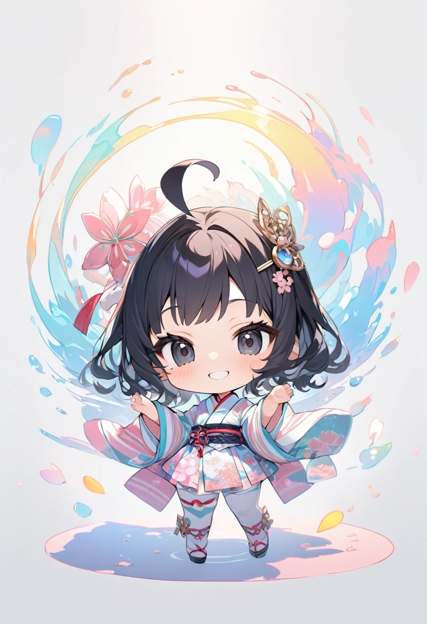 female , , glad, smiling, looking at viewer, hime cut, ahoge, wavy hair, black hair, black eyes, big eyes, fair skin, chibi, A kimono with white and cherry blossom stripes and a cherry blossom pattern, Japanese hairpin, gradient white background, masterpiece, best quality, detailed, ultra detailed, hyper detailed, insanely detailed, exquisite, beautiful, Full-HD, 16K, cute, fantasy, vibrant academia, anime, 2d anime, chibi anime, icon, soft lines, soft surface, simple line drawing, full body shot, front view, lens flare, best light, fast shutter speed, depth of field, highly saturated colors, vibrant colors, pale colors, best hand、