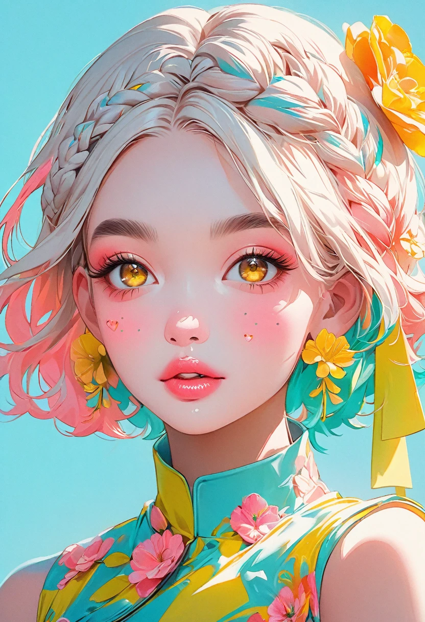 (Highest quality:1.4, City Pop Style, Very detailed, up to date, Vibrant, High Contrast, ), One girl, alone, ((Face Up Shot:1.4)), Neon Color Hair, Braid, Bob Hairstyle, pastel colour, China dress, flower, Portraiture, Yellow Eyes, Cute Face. Lips in Love, Stylish design, Pure light blue background.