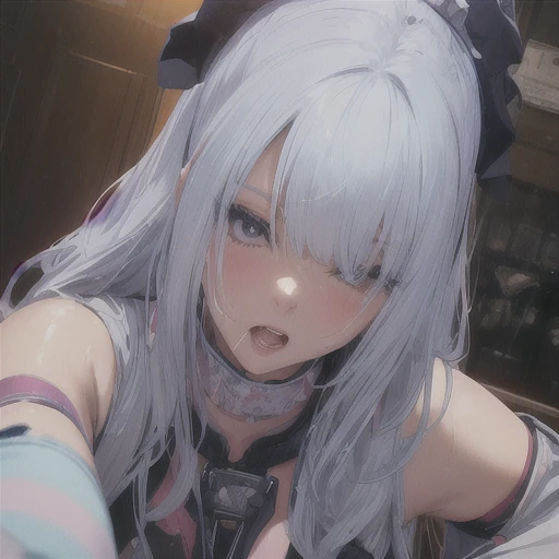 a sexy girl, white hair, in mini lingerie, in school, selfie, smile, multiple views, ray tracing, from above, fisheye, close-up, 16k, 8k, highres, best quality, award winning, high quality, high details, super detail, textured skin, anatomically correct, masterpiece