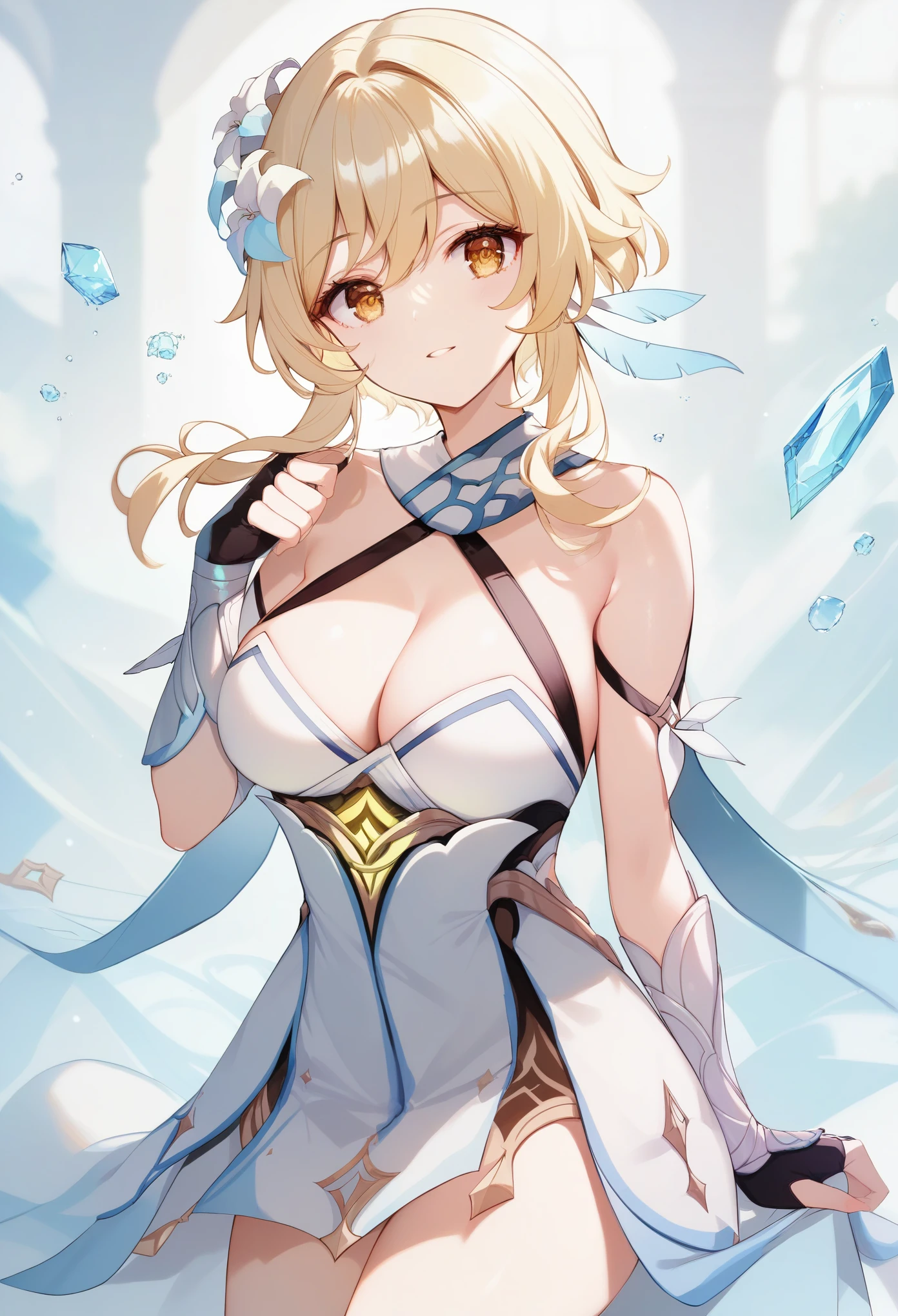 score_9, score_8_up, score_7_up, high quality ,masterpiece ,best quality ,rate_questionable , character_Lumine_Genshin Impact ,large breast ,blond hair ,Beautiful Skin ,yellow eyes