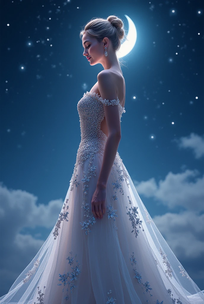 1girl, masterpiece, extremly detailed, (beautiful detailed glow), lens flare, black hair, short hair, floating hair , smile, evil eyes, white dress, big breasts, upper body, wide shot, crown ,mid night, backlighting, gradient sky, realistic style