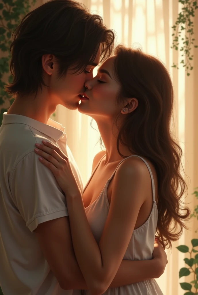 A slender Korean man in a long-sleeved shirt stands next to a naked, fair-skinned Asian woman about to have sex.