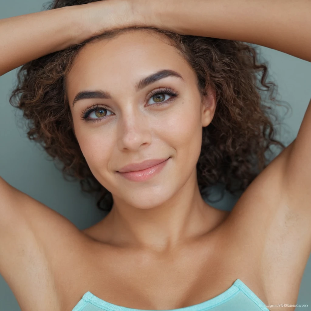 1 woman, (realist:1), Brown hair, by the wide, black eyes, happy, sexy pose, Whole body, model, Topless