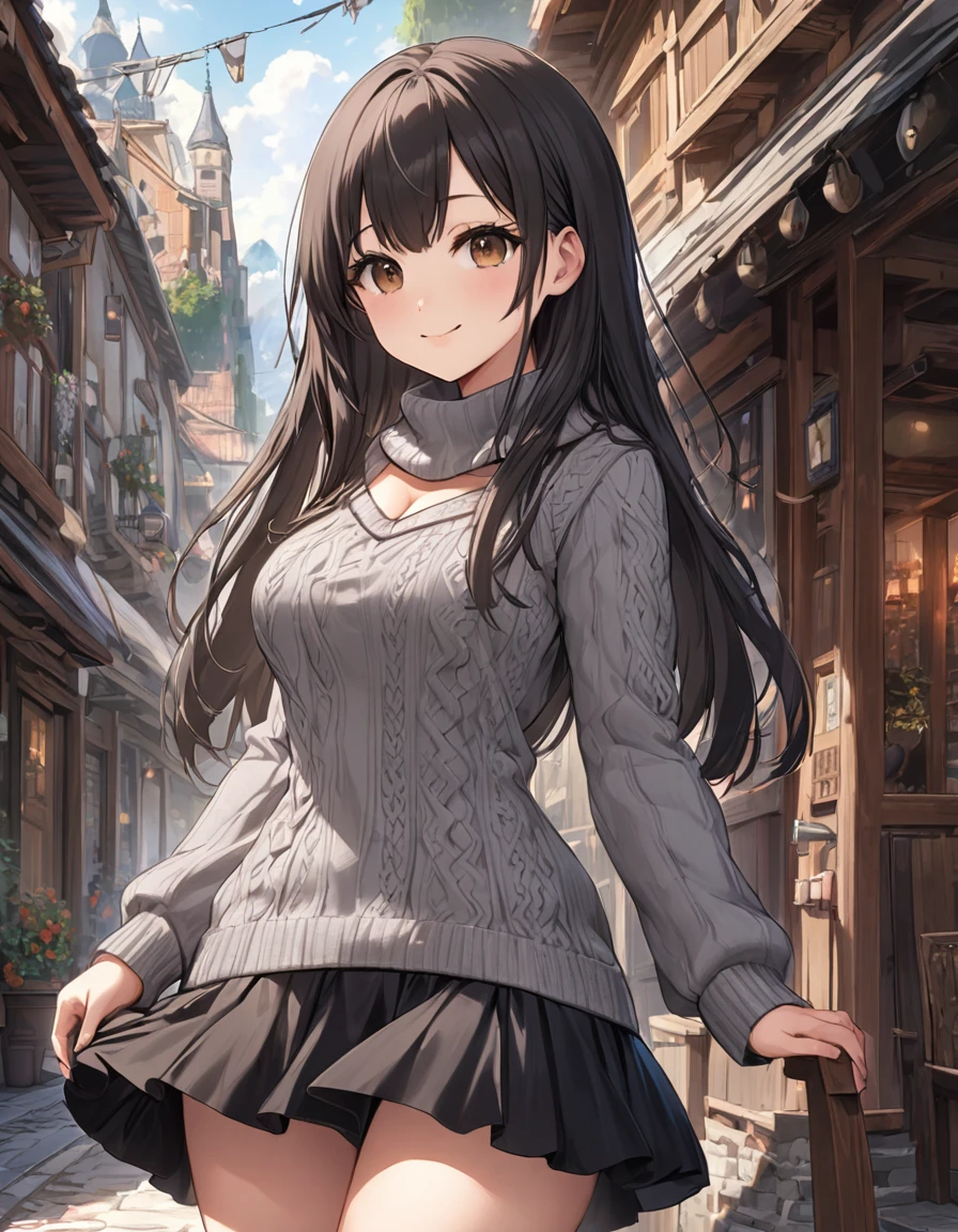 4k, materpiece, bestquality, detailed, detailed scenery, detailed eyes, 1Girl, cute, adorable, straight hair, long hair, black hair, brown eyes, cleavage, smiling, standing, gray cowl neck sweater, gray sweater, long sleeves, rib knit pattern, black flared chiffon skirt with ruffle trim, A-line, mini skirt, black platform boots, looking at the camera