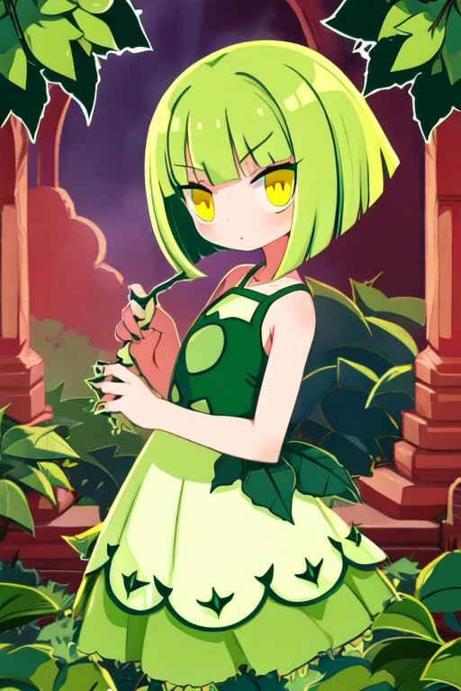 Plant Alraune Beautiful girl Green hair Bob hair Bangs Yellow eyes Round eyes Thorns on hands Lower body is plant Flower dress