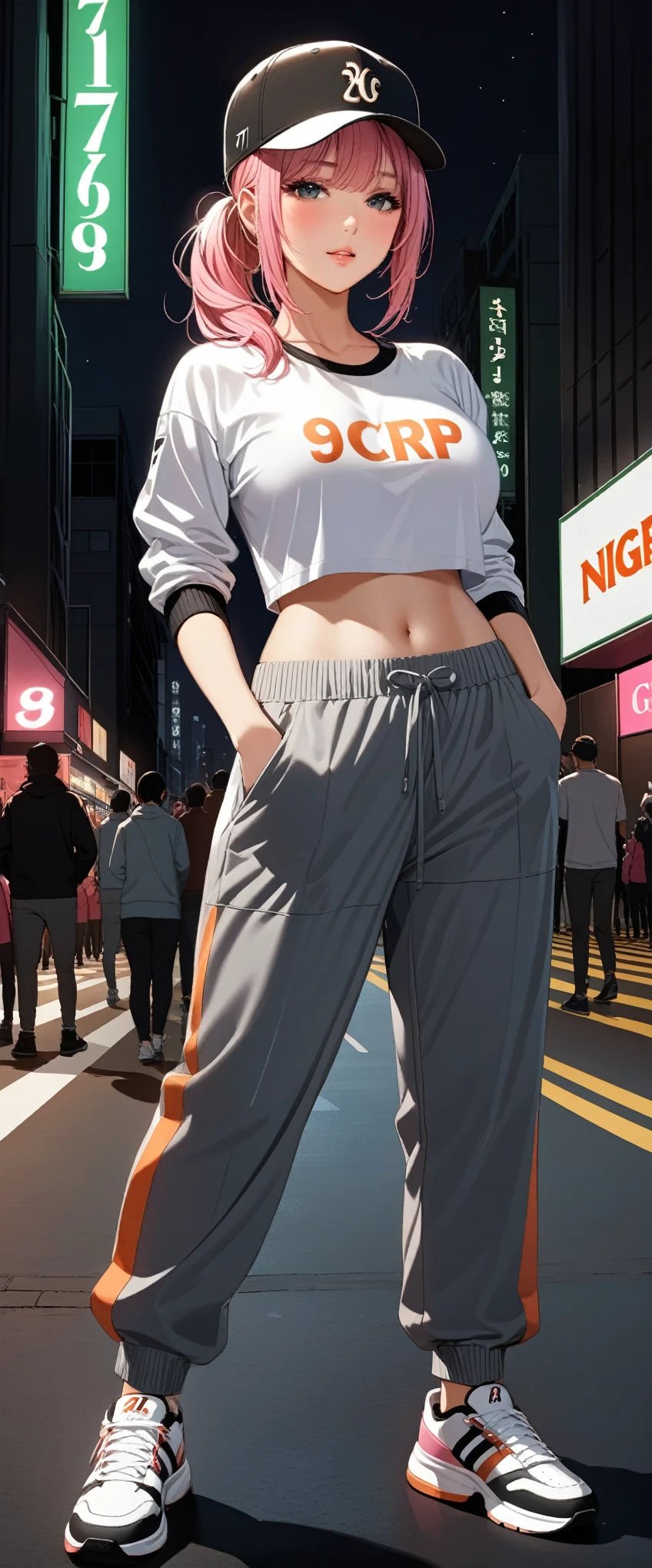 score_9, score_8_up, score_7_up, score_6_up, score_5_up, score_4_up, nari, pink hair, low ponytail, masterpiece, best quality, ultra-detailed, higres, 1girl, solo, beautiful face, perfect shadows, looking at viewer, large breast, navel, wearing grey crop top t-shirt long sleeve, grey baggy pants, baseball cap, chunky sneakers, (standing), full body, Grunge-inspired road with crowds of people and vehicles background, dim light, night time
