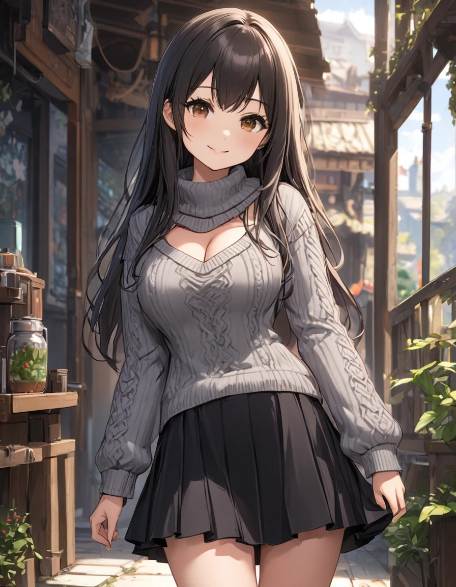 4k, materpiece, bestquality, detailed, detailed scenery, detailed eyes, 1Girl, cute, adorable, straight hair, long hair, black hair, brown eyes, cleavage, smiling, standing, gray cowl neck sweater, gray sweater, long sleeves, rib knit pattern, black flared chiffon skirt with ruffle trim, A-line, mini skirt, black platform boots, looking at the camera