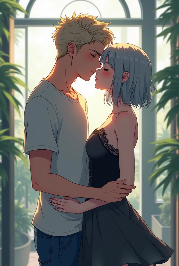 1 girl, pixie cut, white hair, purple eyes, Japanese, big breast, bra, kissing, 1 boy, tall, long black hair,well built, black t shirt, black pants, red eyes, making out, sexy