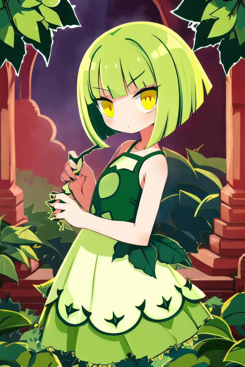 Plant Alraune Beautiful girl Green hair Bob hair Bangs Yellow eyes Round eyes Thorns on hands Lower body is plant Flower dress