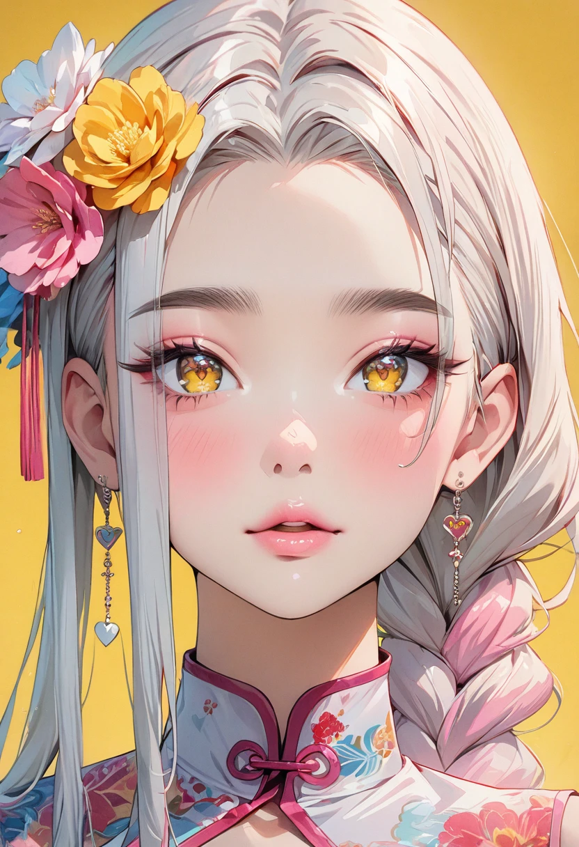 (masterpiece, Highest quality:1.4), 1 girl, alone, Anime Style, colorful students, Blurred vision, Pink lower lip, pastel colour, Silver asymmetrical long hair, Long bangs on one side, Braid, Color Highlights, China dress, flower, Portraiture, Yellow Eyes, Cute Face. Lips in Love, Stylish design, Pure Yellow Background.