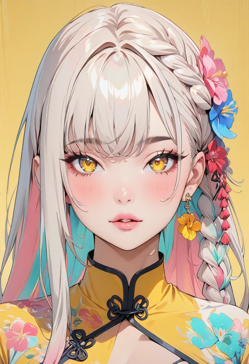 (masterpiece, Highest quality:1.4), 1 girl, alone, Anime Style, colorful students, Blurred vision, Pink lower lip, pastel colour, Silver asymmetrical long hair, Long bangs on one side, Braid, Color Highlights, China dress, flower, Portraiture, Yellow Eyes, Cute Face. Lips in Love, Stylish design, Pure Yellow Background.