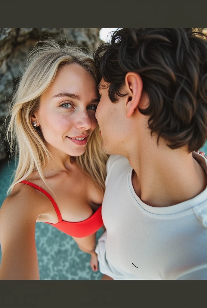 1 blonde girl, 13 years, tiny strapless top, short leggings, light pink clothes, perfect face, perfect body, standing next to a tall, thin man, 49 years, wide forehead, large tickets, hugged, sunset background, sportswear,