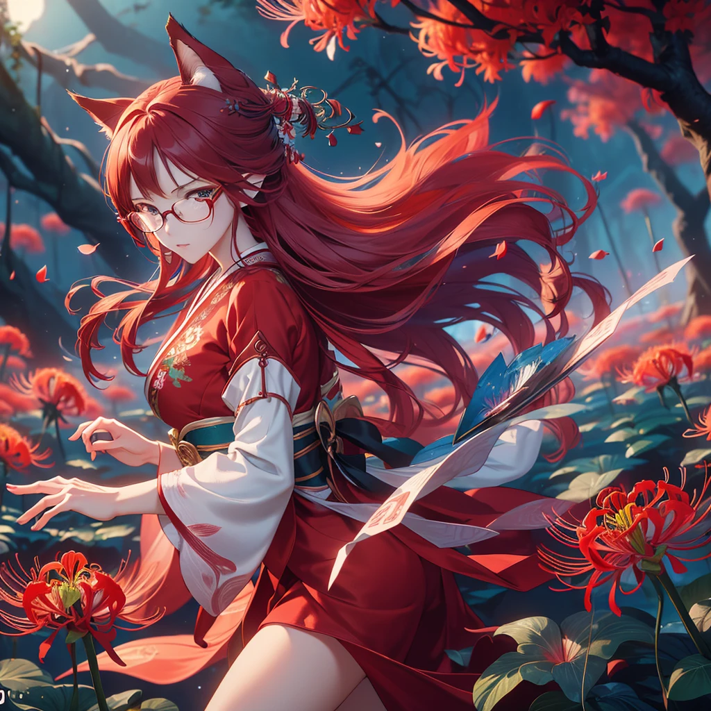 A beautiful glasses-wearing girl with long red hair and blue eyes in a red kimono stands in a field of red red spider lilies. A fox emerges from the twilight, detailed facial features, highly detailed eyes, (Best Quality, 4k, 8k, High Resolution, Masterpiece: 1.2), Ultra-detailed, (Realistic, Photorealistic, Photorealistic: 1.37), Vivid colors, Cinematic lighting, Surreal fantasy, Atmospheric mood