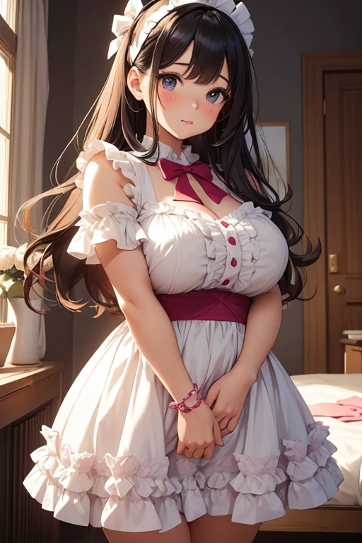 masterpiece,8K,Highest quality,Backlight,Natural Cheeks,((smile)),White skin: 1.2, (Glossy lips: 1.4), ((18-year-old)),((Pure and cute girl:1.3)), (Wavy long hair), (Light brown hair:1.2), lace skirt,female orgasm, ((lolita fashion)),(panties shot), (((huga breasts))),(cameltoe),(((Rococo bedroom)))