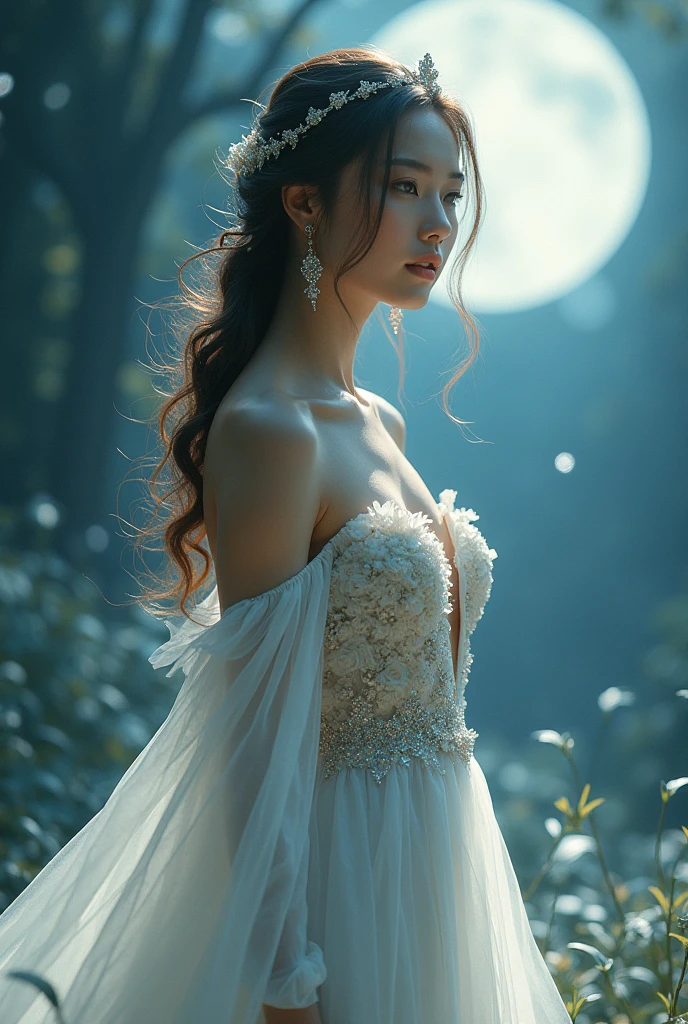 In the dark forest、moonlight、Japanese woman wearing a white dress、Her hair looks long and wet、My feet are dirty with mud。There is a suspicious shadow in the shade of the tree, watching what's going on here.、