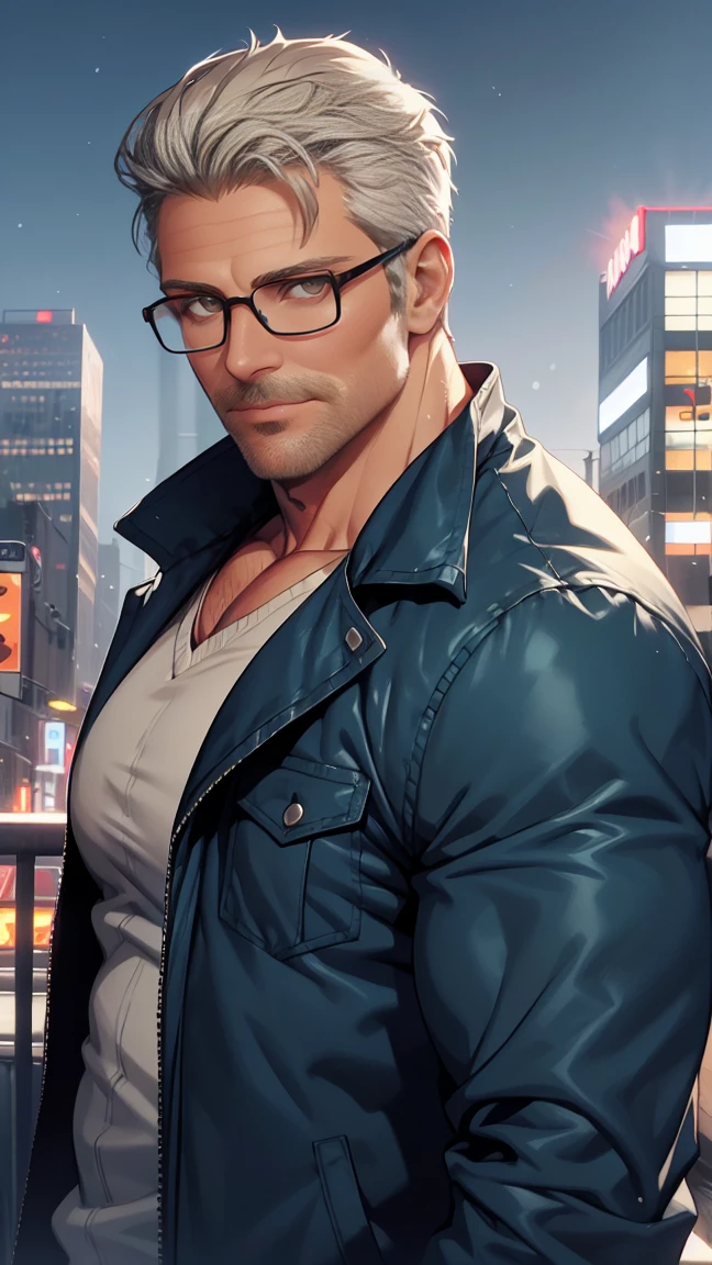 sfw, 1man, middle aged, 58 y.o, handsome, silver blonde hair with white graying edges, quiff back sides and tape hairstyle, wearing glasses, shining blue eyes, prominent muscular bodyshape, BODYBUILDER BODYSHAPED, teal checkered shirt paired dark blue winter jacket, gray denim jeans, snowy new york (background), midnight (sky color), closer distance face against me, looking viewers, hd, high quality, 8k resolution
