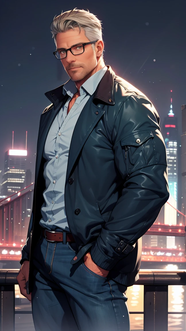 sfw, 1man, middle aged, 58 y.o, handsome, silver blonde hair with white graying edges, quiff back sides and tape hairstyle, wearing glasses, shining blue eyes, prominent muscular bodyshape, BODYBUILDER BODYSHAPED, teal checkered shirt paired dark blue winter jacket, gray denim jeans, snowy new york (background), midnight (sky color), closer distance face against me, looking viewers, hd, high quality, 8k resolution
