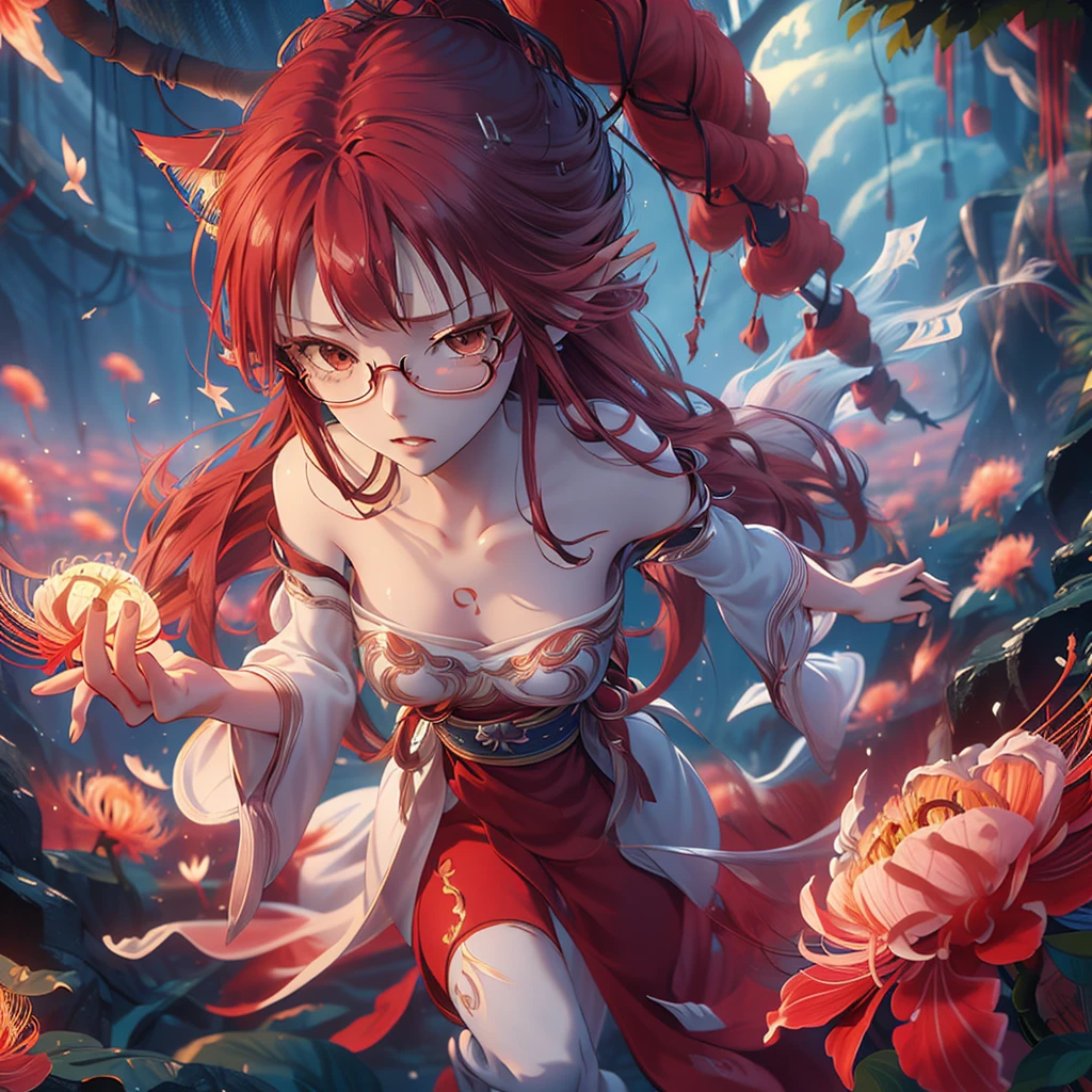 A beautiful glasses-wearing girl with long red hair and blue eyes in a red kimono stands in a field of red red spider lilies. A fox emerges from the twilight, detailed facial features, highly detailed eyes, (Best Quality, 4k, 8k, High Resolution, Masterpiece: 1.2), Ultra-detailed, (Realistic, Photorealistic, Photorealistic: 1.37), Vivid colors, Cinematic lighting, Surreal fantasy, Atmospheric mood