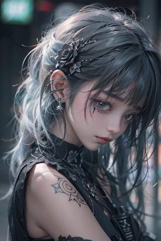 top-quality、8K、​masterpiece：1.3、Gothic punk、Red inner color、A grey dark-haired、hair adornments、a beauty girl、creative、dark fantasy style、Neogos、Goth Fashion：1.2、hight resolution、​masterpiece、top-quality、headw:1.3、((Hasselblad photo))、Fine-grained skin、Sharp Focus、(lighting like a movie)、Realistic texture m hair
