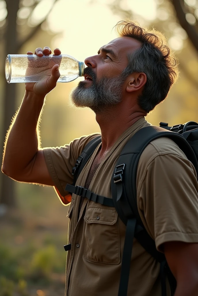 A peasant man drinking water from a bottle in the sun