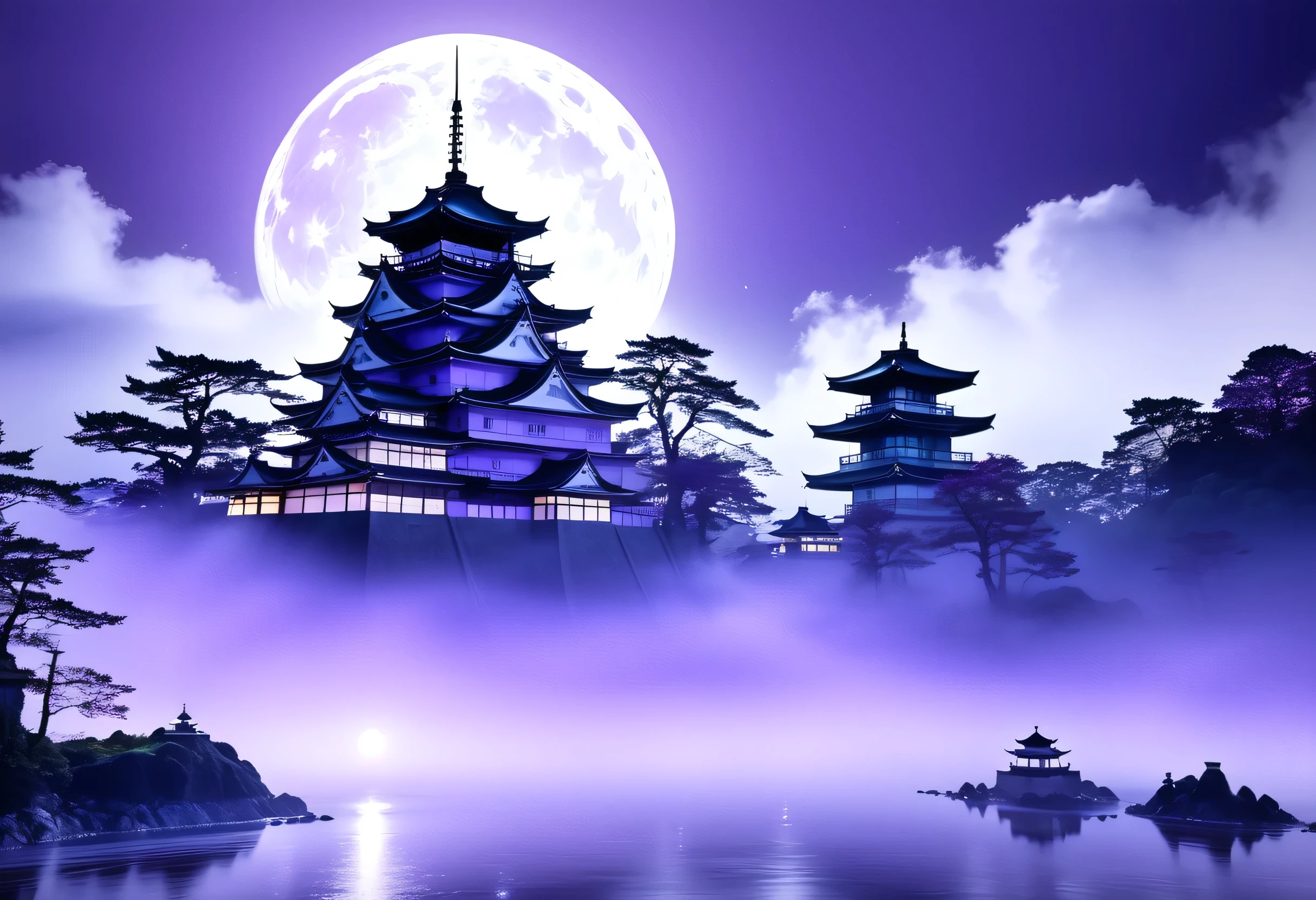 On a Halloween night in Japan, a majestic nocturnal castle stands tall, bathed in the light of a full moon and enveloped in a mystical purple mist. The purple hue paints the castle in an enchanting glow, exuding a sense of mystery and divine grandeur. The quietly flowing mist and the moonlight reflecting off the castle walls evoke the epic tales of the Sengoku era, capturing a beautiful moment as if time itself has frozen. This scene transports the viewer to a realm beyond reality, where divine presence and the captivating beauty of purple reign supreme.