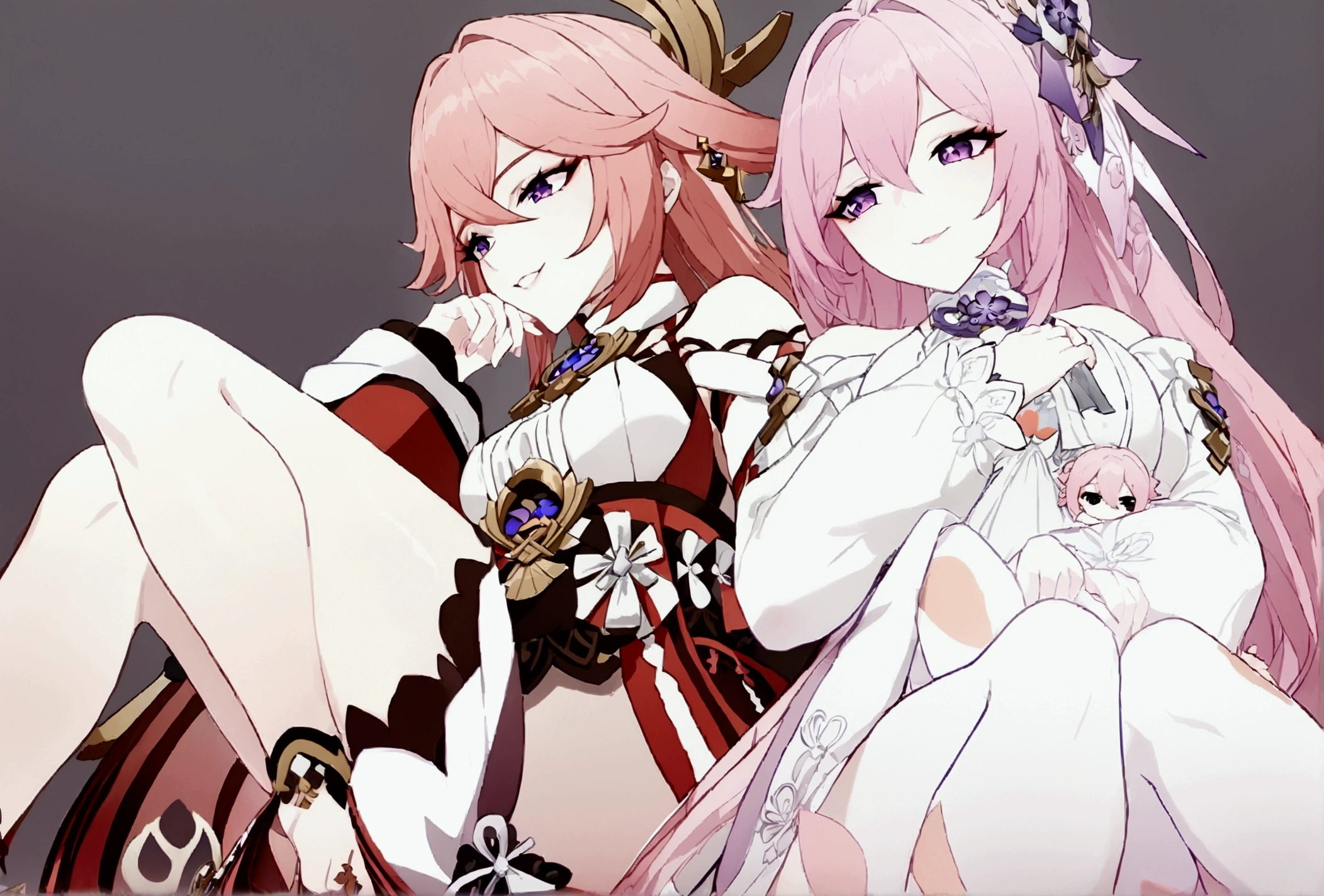 2girls, Dorothy(NIKKE), Yae Miko(Genshin Impact), high quality, masterpiece, legs crossed, sitting, smiling