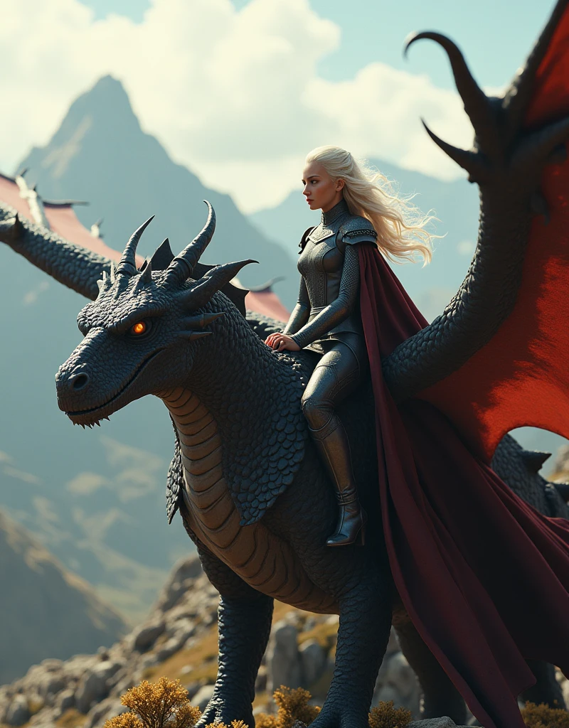 Create a detailed image of Daenerys Targaryen on the battlefield with his three dragons in the sky.