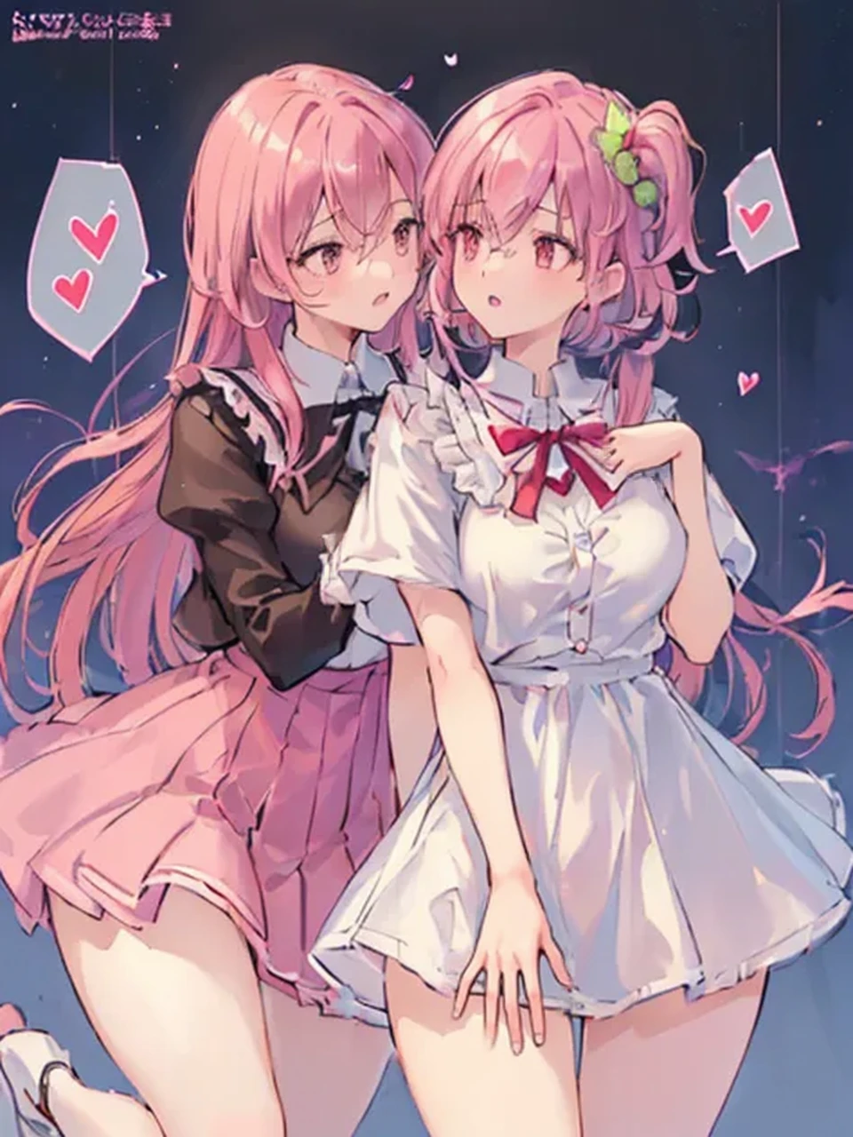 detailed、超detailedな、masterpiece、highest quality、beautiful feces、detailed eye、 (two girls:1.4)、Two succubi、(twins:1.2)、(night:1.2)、short haired、(pink ribbon:1.1)、(two side up)、pink tie、pink bra、earrings、(school uniform.1.1)、suspicious face、light pink hair、(Pink Room)、malicious smile、Bruises and ugly facial features、young features、(:1.2)、long sleeve、(fluffy sleeves fluffy hair、(open your mouth and smile)、Elementary school girl、low length、Chiquita、big breasts、 big 、(Put your hands on your face)、Burikko、Ruffled uniforms、Barrette、(laugh at:1.1)、look down、view from below、Being looked down upon by girls、(view from below:1.2)、super huge boobs、(Pink heart symbol:1.5)、(lump of heart:1.5)、(heart effect:1.5)、(heart mark:1.5)、devil&#39;s tail、devil&#39;s tail、Succubus、(super huge :1.3)、 big 、(heart tattoo:1.3)、Yodare、devil&#39;s tail、breast matching