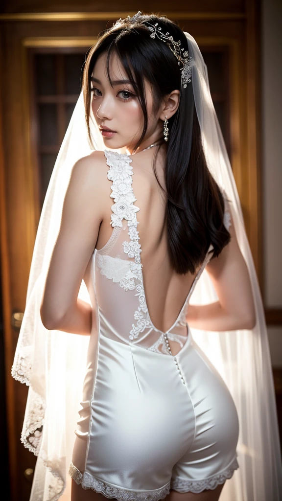(1girl, beautiful detailed eyes, beautiful detailed lips, extremely detailed face and body, tight lace dress, enchanting back view, inside a palace, warm lighting, intricate details, photorealistic, hyperdetailed, cinematic lighting, dramatic atmosphere, elegant, serene, awe-inspiring, masterpiece)