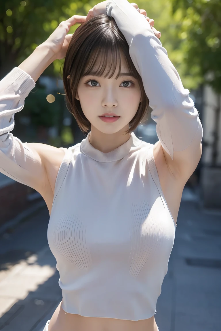 (Ultra-realistic), (shape), (High resolution), (8k), (Very detailed), (Best shape), (Fine and beautiful eyes), (Highest quality), (Very detailedな), (masterpiece), (wallpaper), (Detailed face), Droopy eyes, Sweaty, Upper body close-up, Underarm, short hair, Inner Color, sleeveless sweaterを着た***, Beautiful Japanese, Dark Eyes,,((Raise your arms behind your head))Japanese,wet body,stomach cut,The underboob is visible((detailed skin))((glistening skin))(gleaming skin)sweat(ultra-detailed)(high resolution)(extremely detailed CG)sweat,(Virgin Destroyer Sweater)