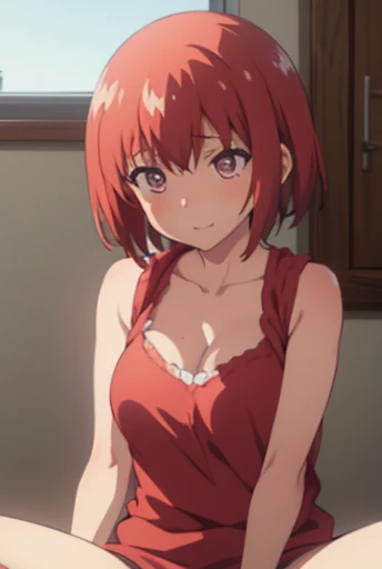 best quality, masterpiece, highres, detailed, digital artwork, IkuyoHoshi, red hair, pink ribbon, low ponytail, red eyes, white shirt, mature woman,   blush, happy, upper body, straight on,paizuri,tits,NSFW,camisole,Tittyfuck my dick,NSFW,Penis,Blowjob,おちんちんをBlowjobしている,Small nipples,I&#39;m rolling up my clothes